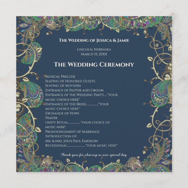 Couleurs de paon de Paisley Programme de mariage (Devant)