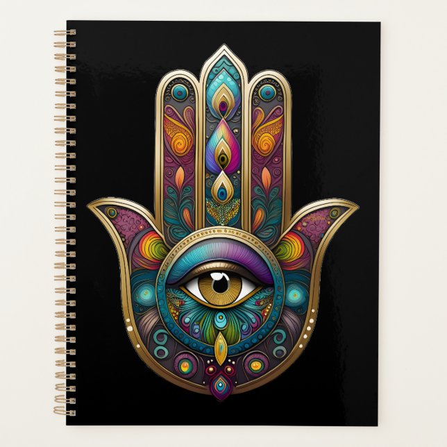 Couleurs de paon Hamsa avec troisième œil doré (Devant)