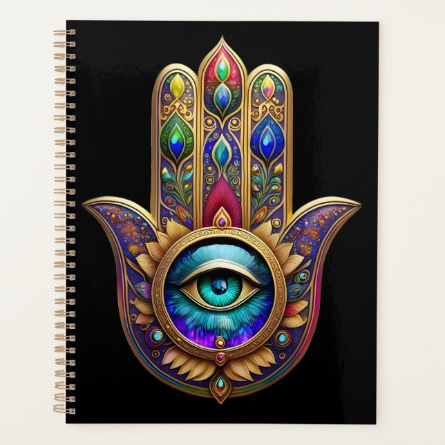 Couleurs Paon Doré Hamsa Saphir Vert Troisième Œil (Devant)