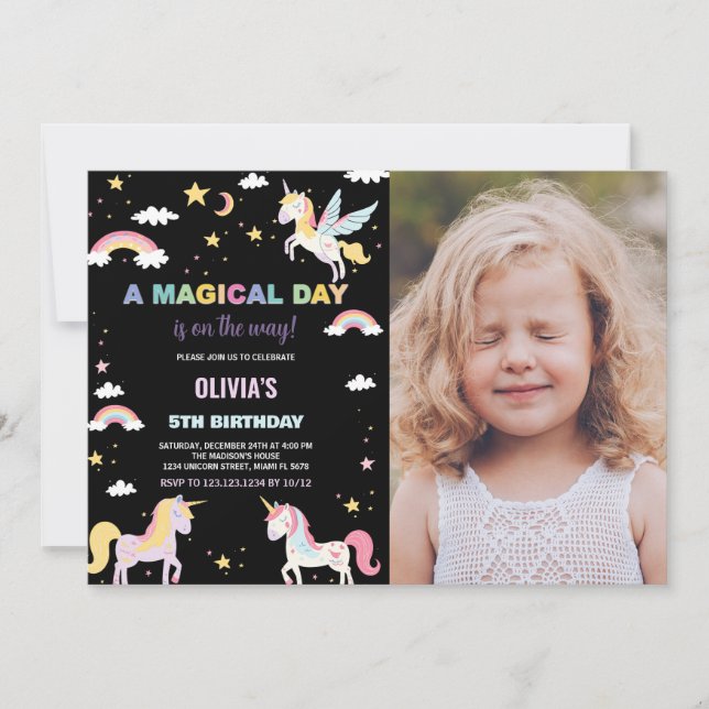 Couleurs Unicornes Invitations d'anniversaire avec (Devant)