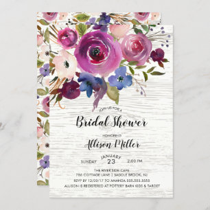 Country Blue Plum Floral Bridal Shower Invitation