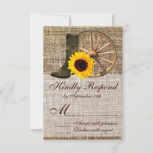 Country Burlap Cowboy Boots Sunflower Wedding RSVP (Devant)
