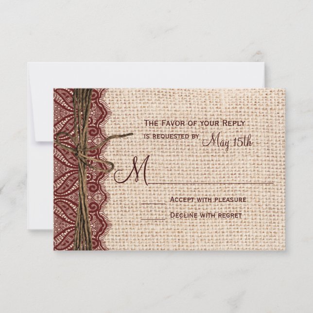 Country Burlap Maroon Red Lace Twine Wedding RSVP (Devant)