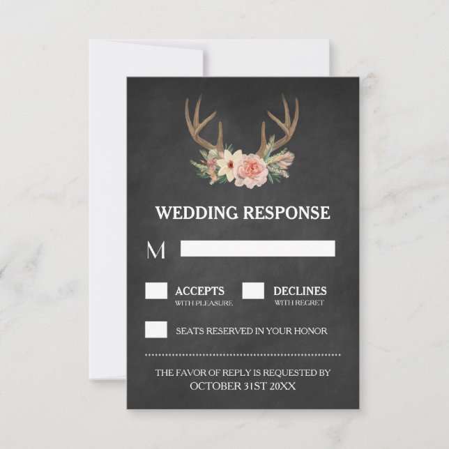 Country Chalkboard Deer Antler Wedding Cartes RSVP (Devant)