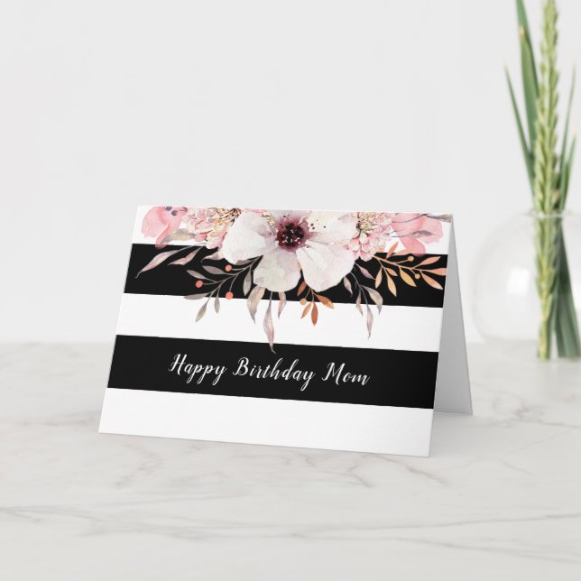 Country Floral noir rayures blanches carte d'anniv (Devant)