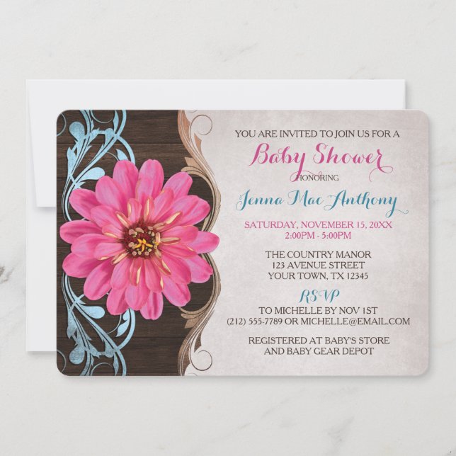 Country Girl rose Zinnia Baby Shower Invitations (Devant)
