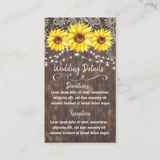 Country Lace and Sunflowers Mariage Détails Carte (Devant)