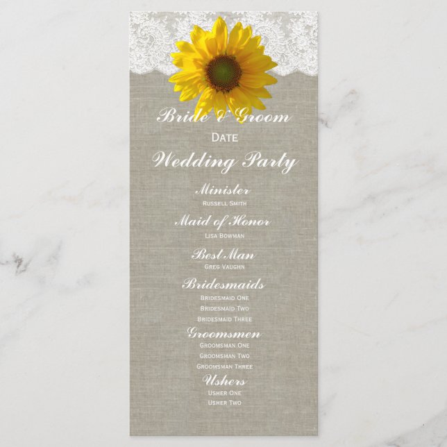 Country Linen Sunflower Lace Programme de mariage (Devant)