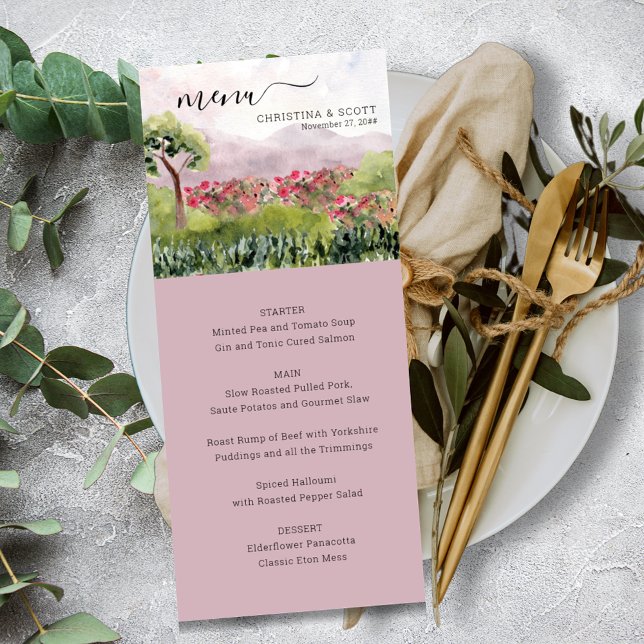 Country Meadow Watercolor Dusty Rose Menu Mariage (Créateur téléchargé)