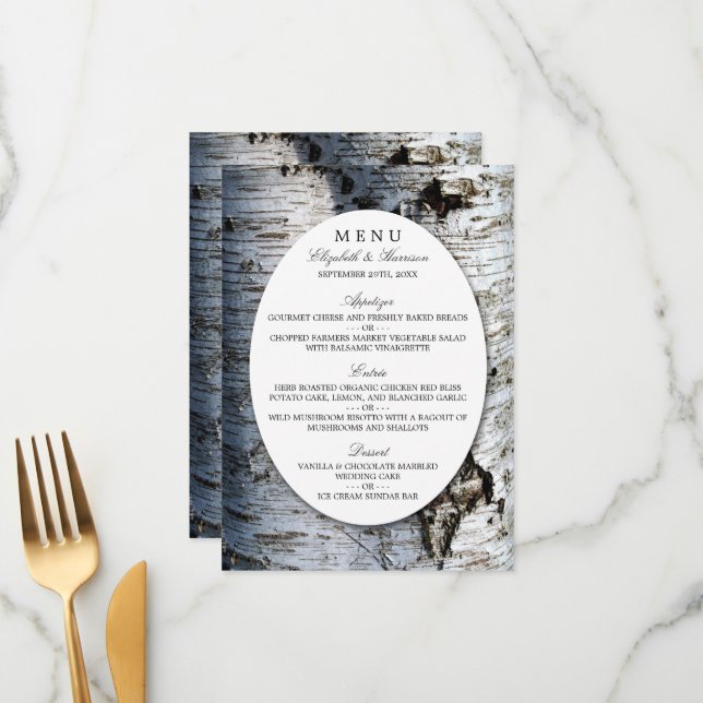 Country Rustic Birch Tree Menu Mariage (Devant/Arrière en situation)