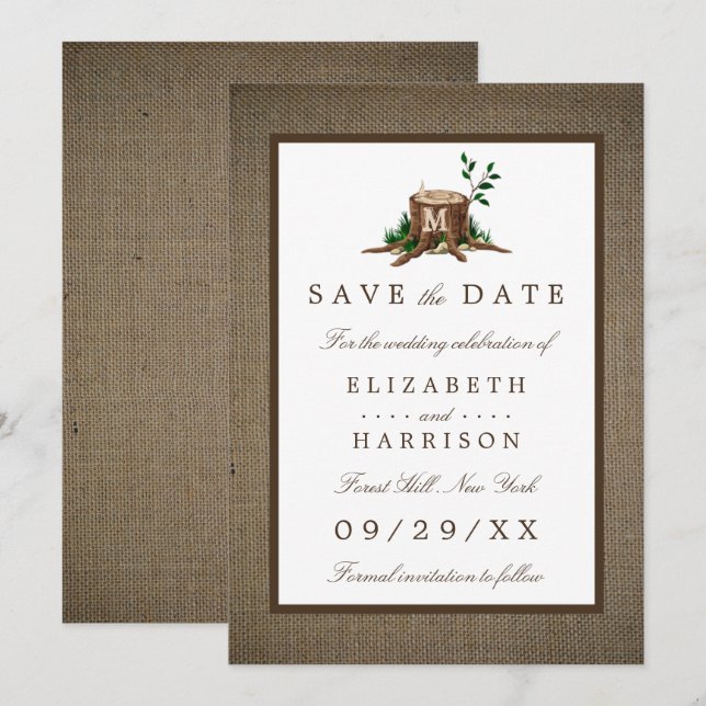 Country Rustic Burlap Monogramme Arbre Enregistrer (Devant / Derrière)