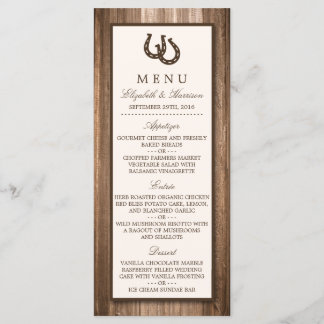 Country Rustic Horseshoe & Brown Wood Mariage Menu
