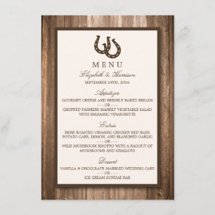 Country Rustic Horseshoe & Brown Wood Mariage Menu