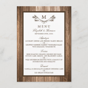 Country Rustic Monogram Branch & Wood Mariage Menu