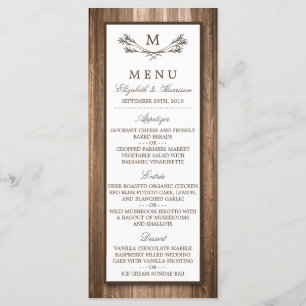 Country Rustic Monogram Branch & Wood Mariage Menu