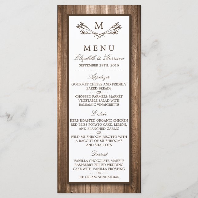 Country Rustic Monogram Branch & Wood Mariage Menu (Devant)