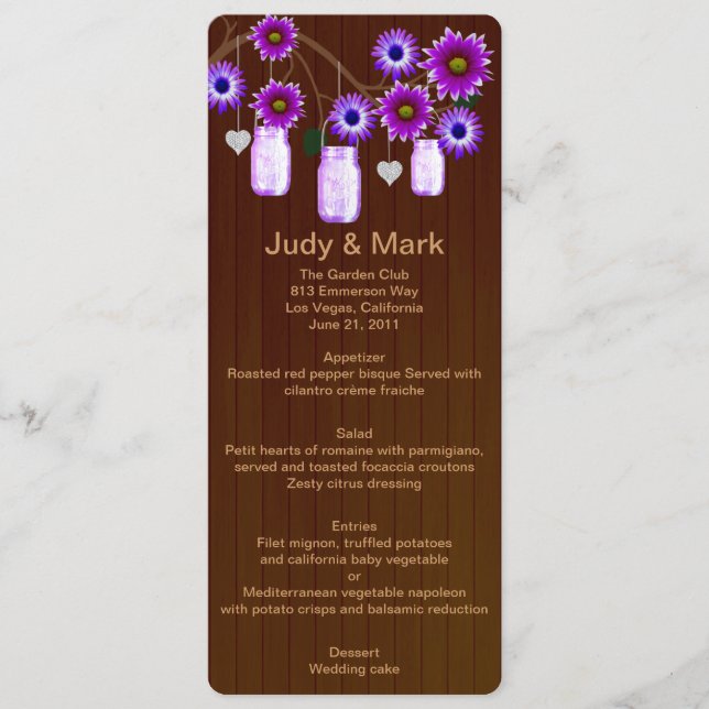 Country Rustic Purple Mason Jars Mariage Carte Men (Devant)