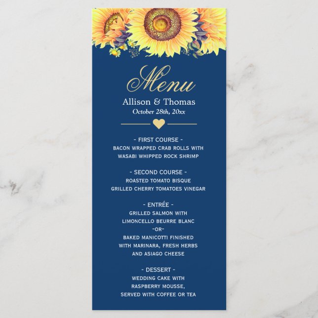 Country Sunflowers Marine Blue Mariage Menu (Devant)