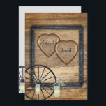 Country Western, Mason Jars, Faire-part de mariage<br><div class="desc">Invitation mariage campagnard rustique aux coeurs de bois,  jarres de maçon remplies de respiration pour bébés et roue de wagon. Créez le vôtre en personnalisant le texte et la police.</div>