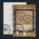 Country Western, Mason Jars, Faire-part de mariage<br><div class="desc">Invitation mariage campagnard rustique aux coeurs de bois,  jarres de maçon remplies de respiration pour bébés et roue de wagon. Créez le vôtre en personnalisant le texte et la police.</div>
