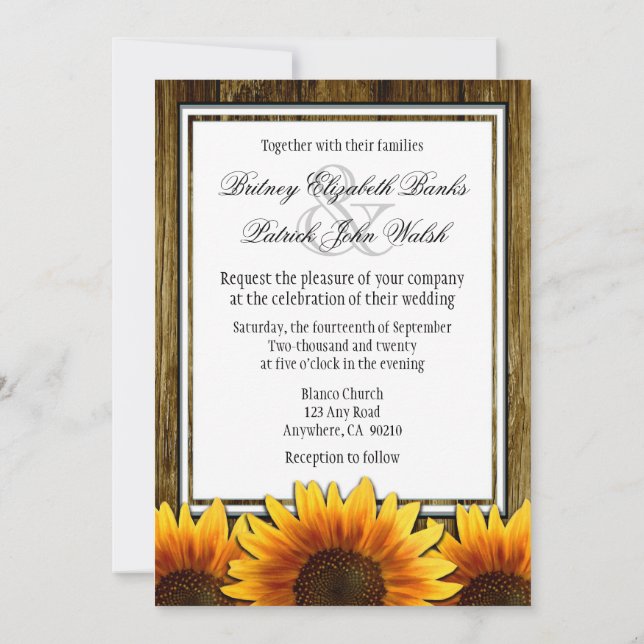 Country Western Wood Sunflower Invitations de mari (Dos)
