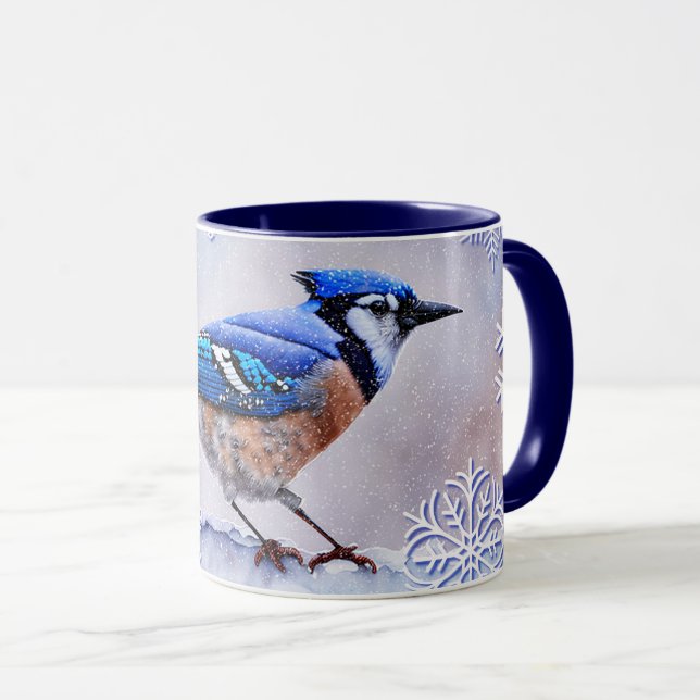 Coupe Blue Jay Bird neige hiver de vacances Mug (Devant droit)