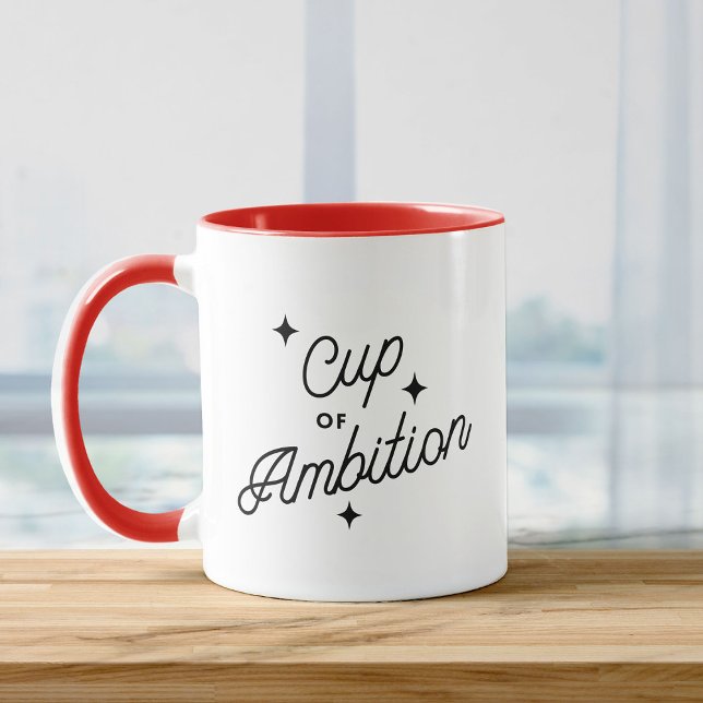 Coupe d'Ambition Nouveau job mignon promotion Mug (White mug with red handle and interior, featuring "Cup of Ambition" text in black script with stars.)