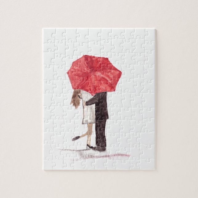 Couple amoureux sous le puzzle parapluie rouge (Vertical)