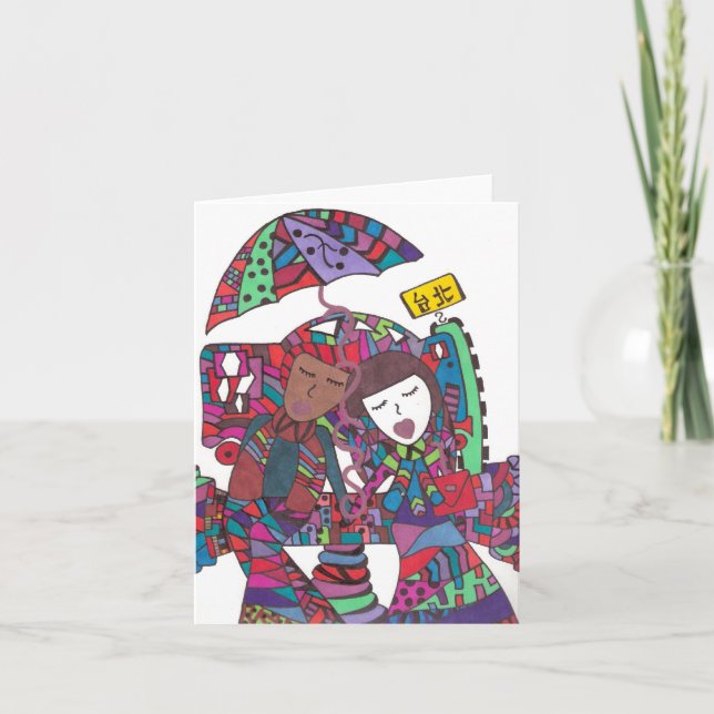 couple attendant le bus sur une carte de billet (Devant)