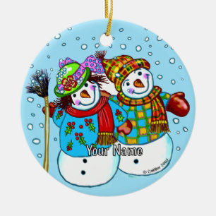 Couple Bonhomme de Neige Ornement en Céramique