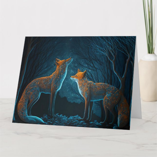 Couple de renards en forêt au clair de lune. Carte (Devant)