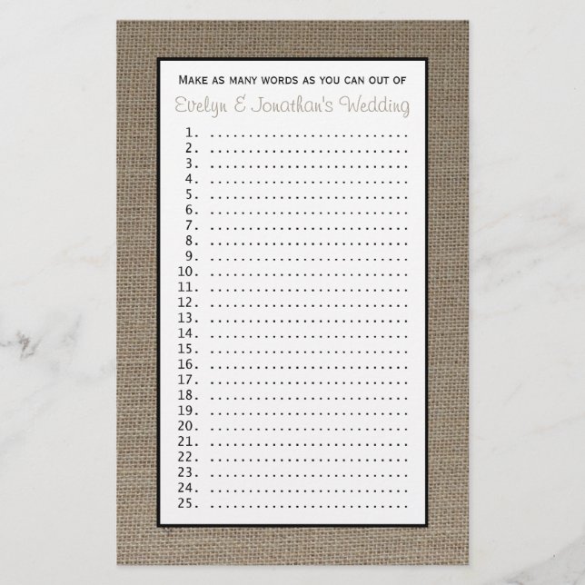 Couple Jeux de Wedding shower de mariage - Burlap (Devant)