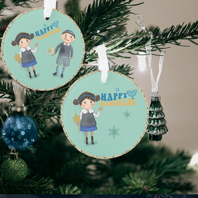 Couple juif mignon heureux Hanoukka Turquoise (Cute Jewish Couple Happy Hanukkah Teal Ornament)