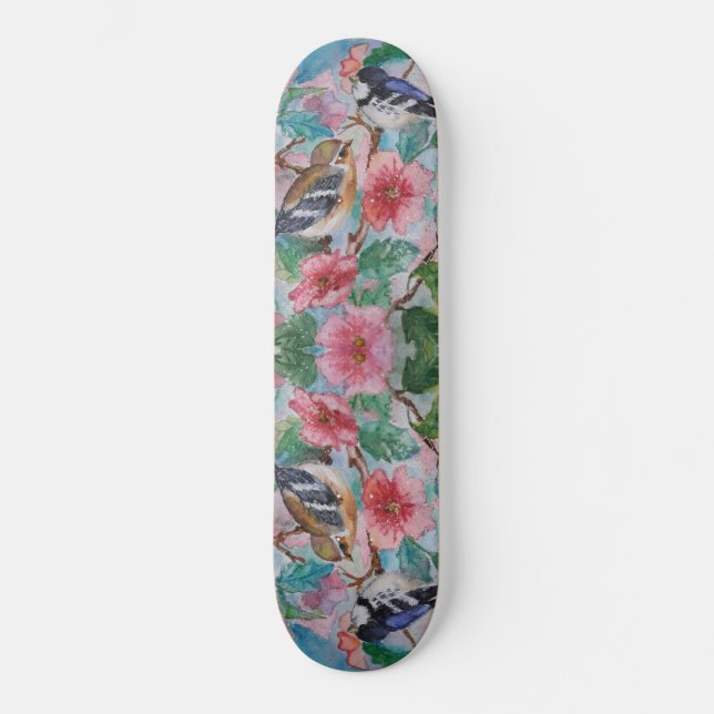 Couple Oiseaux Fleurs Skateboard - Peinture (Recto)