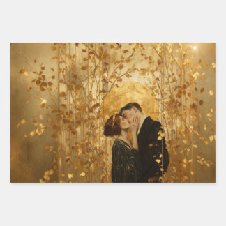 Couple Romantique Doré Embrassant Papier D'emballa