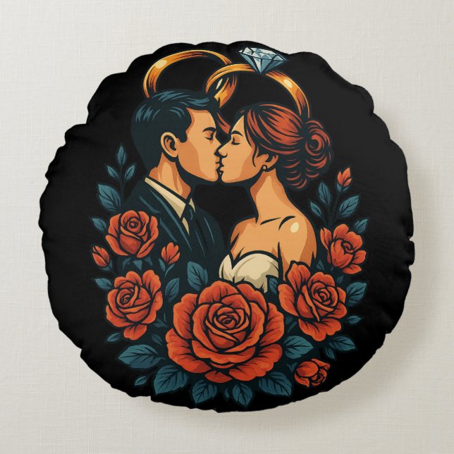 Couple Romantique Mariage Coussin Rond (Devant)