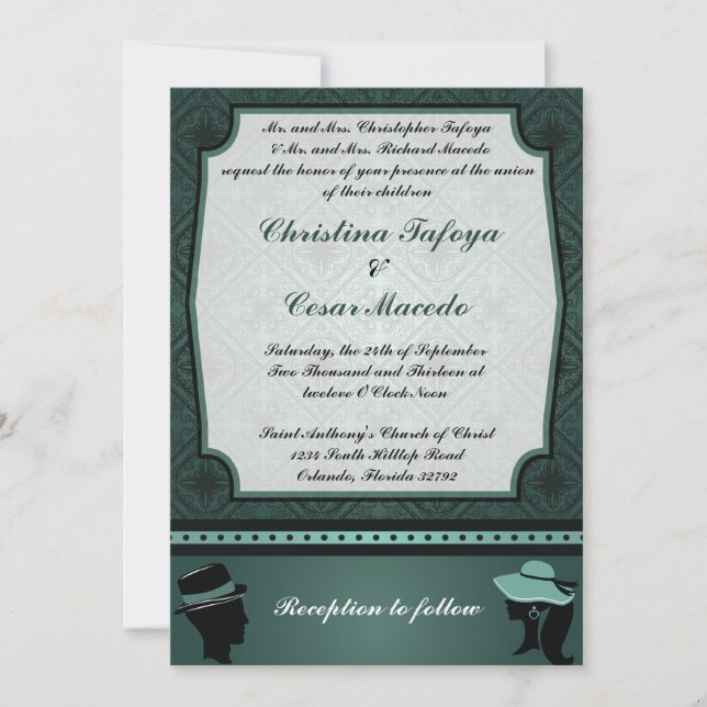 Couple Turquoise Damask 5x7 Faire-part de mariage (Devant)