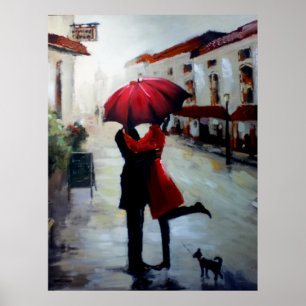 Couple vintage avec parapluie et affiche de chien