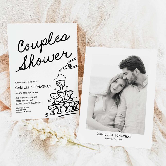 Couples Modernes Douche Champagne Invitation (Modern Hand Drawn Couples Shower Invitation)