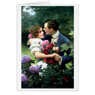 Couples victoriens dans la carte postale de jardin