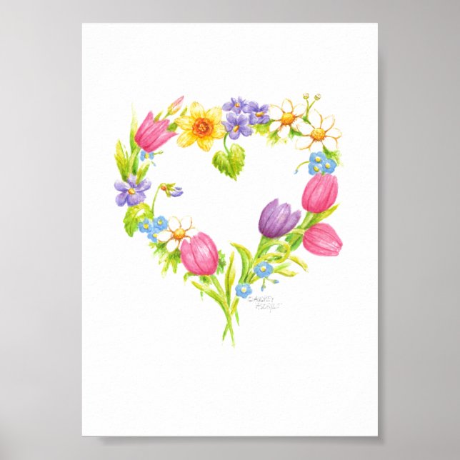 Couronne Affiche Aquarelle Cœur Fleurs 5 x 7 (Devant)