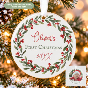 Couronne aquarelle Premier Noël de bébé Ornement