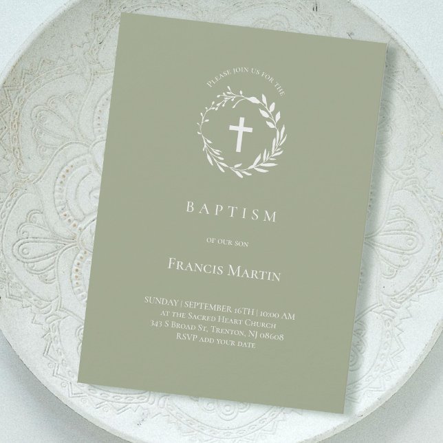 couronne blanche sur vert olive | Invitation au ba (Créateur téléchargé)