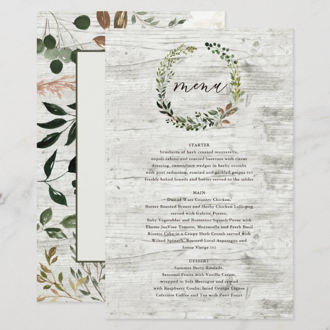 Couronne botanique de mariage Menu Aquarelle Verte (Devant / Derrière)