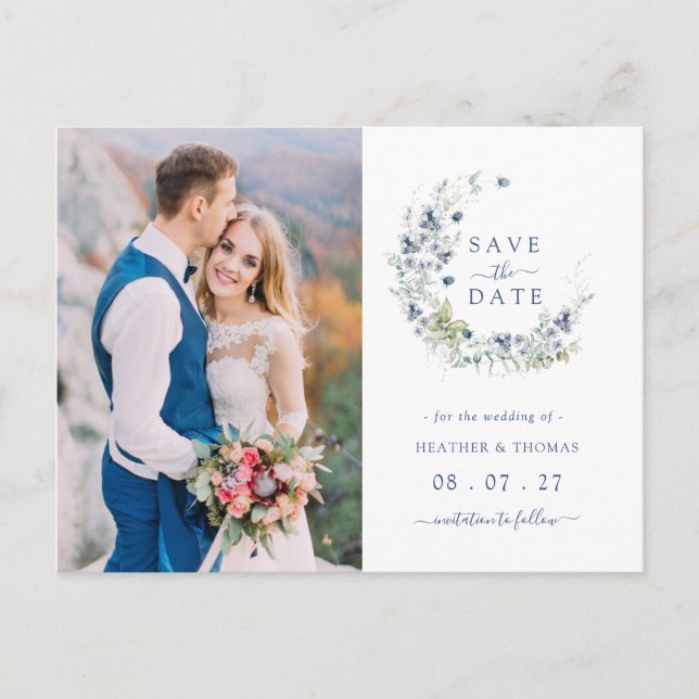 Couronne botanique de mariage Navy Sage Faire-part (Devant)