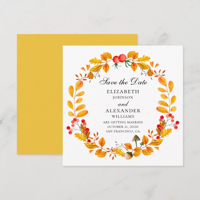 Couronne d'automne jaune. Mariage d'automne, carte (Devant / Derrière)