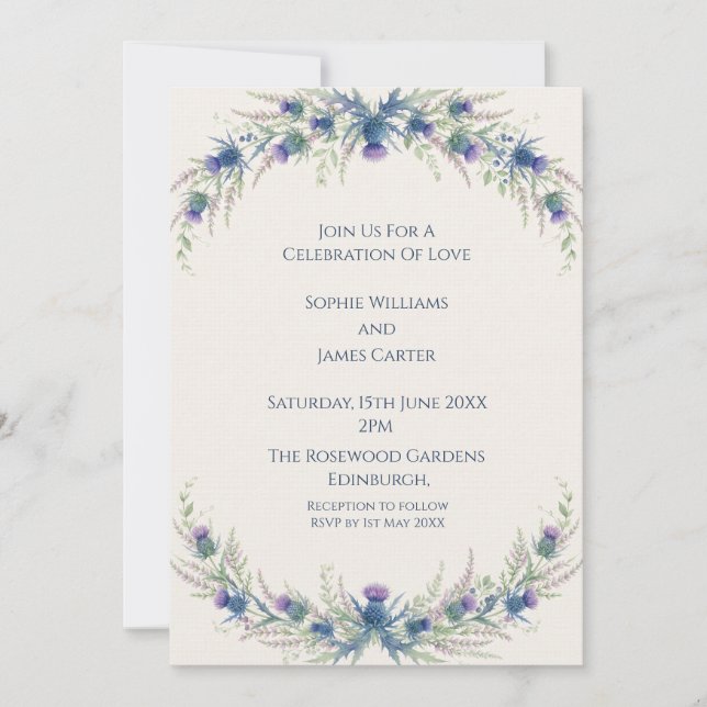 Couronne de Chardons Bleus Invitation de Mariage (Devant)