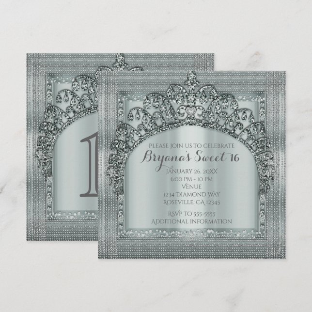 Couronne de Diadème Argenté et Invitations Bling D (Devant / Derrière)