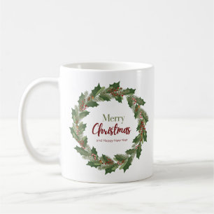 Couronne de fête et écriture   Tasse Joyeux Noël 