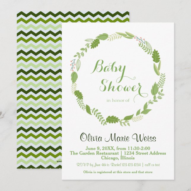 Couronne de feuilles vertes Chevron - Invitation à (Devant / Derrière)